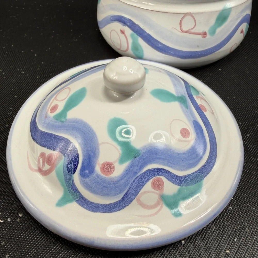 Nicola Fasano Italy Pier 1 Ceramic Lidded Jar Hand Painted Abstract Blue Pink 4
